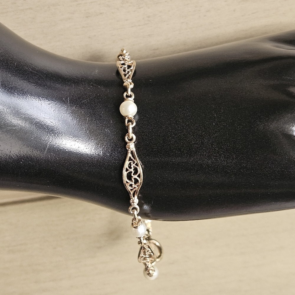 AMCO Vintage Bracelet 1/20 14K GF Gold Filigree Genuine White Pearls 7.5-inch